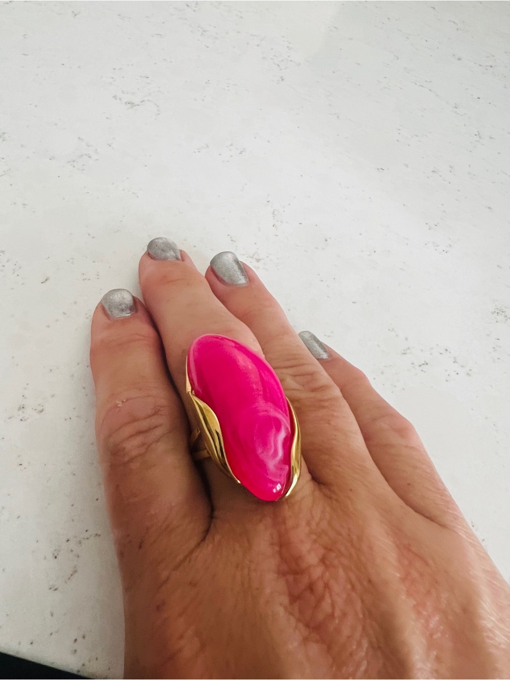 Gold Tone Stainless Steel Hot Pink Oval Bezel Set Cocktail Ring Adjustable